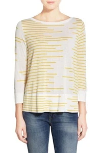 New HALOGEN Button Back Boatneck Sweater In White/ Yellow Stripes Size PS - Picture 1 of 10