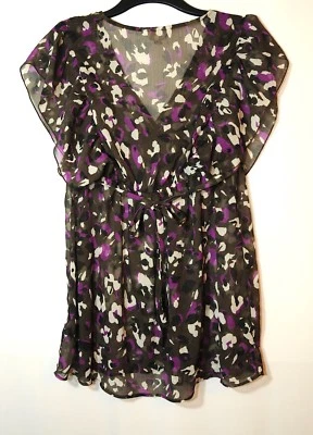 PURPLE  BROWN WHITE LADIES CASUAL SHEER TUNIC TOP BLOUSE SIZE 12 DEBENHAMS - Image 1 of 4