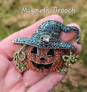 MAGNETIC LARGE Crystal Pumpkin brooch, Witch Hat. Halloween jewelry. - Picture 1 of 8