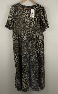 Prettygarden Womens M Leopard Print Tiered Puff Sleeve Midi Dress - Picture 1 of 6