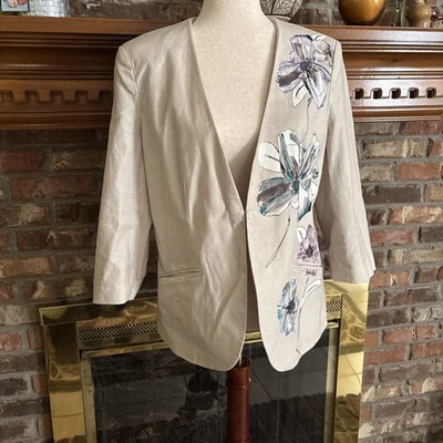 Coldwater Creek Tan Linen Blend Blazer Floral Size 12 - Image 1 of 4