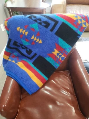 IBENA Blue Multi Color Aztec Southwest Throw Reversible Blanket 75 x 60 Turkey - Image 1 of 4