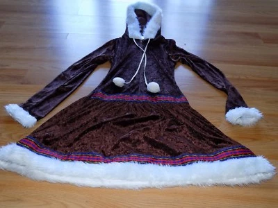 Teen / Adult Size Medium Eskimo Girl Costume Dress Brown Velour Faux Fur - Image 1 of 4