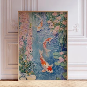 Japanese Koi Fish in Pond Japandi Wall Art Print - Picture 1 of 6