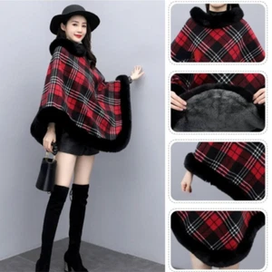 Lady Faux Fur Shawls Poncho Fleece Lined Cape Check Wedding Wrap Cloak Warm Chic - Picture 1 of 9