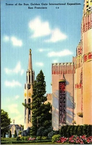 Postal de lino Torre del Sol Golden Gate Exposición San Francisco - Imagen 1 de 2