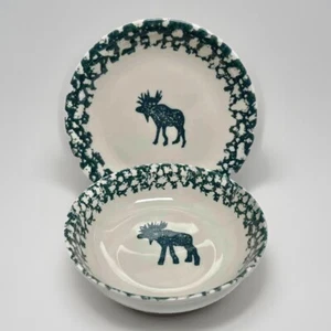 Tienshan Folk Craft Moose Country Replacement 7.5” Plate 6.5” Bowl Green Sponge - Picture 1 of 11