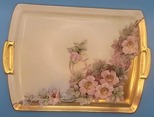 Vassoio ceco porcellana MZ CMR Moritz Zdekauer Altrohlau rosa rose bordo oro - Foto 1 di 11