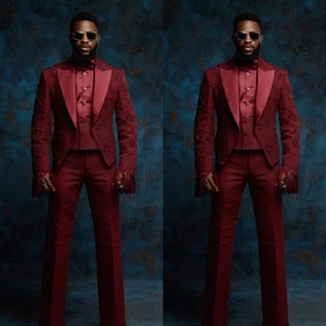 Burgundy Men Suits Peak Lapel Beading Dinner Party Prom Tuxedos Men Blazers - Picture 1 of 11