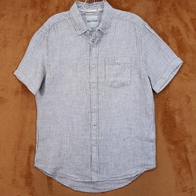 HERITAGE Shirt Mens Medium Tan Brown Stripe Button Up Short Sleeve 100% Linen - Image 1 of 4
