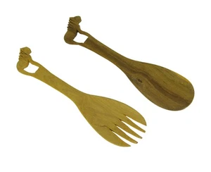 Zeckos Hand Carved Wood Decorative Lion Handle Salad Server Set - Picture 1 of 3