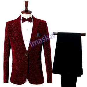 Men Floral Velvet Suit Dress Wedding Tuxedo Coat Prom Slim Fit Jacket Pants 2PCS - Picture 1 of 8