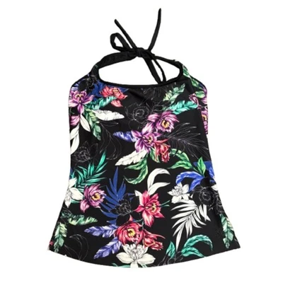 Camiseta Tankini Hapari Cuello Halter Negra Multicolor Floral Tropical Talla Mediana Foto 1 de 4