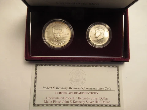 1998 Kennedy Collectors Silver 2 Coin Set, Robert Kennedy UNC Dollar + JFK Half Cover