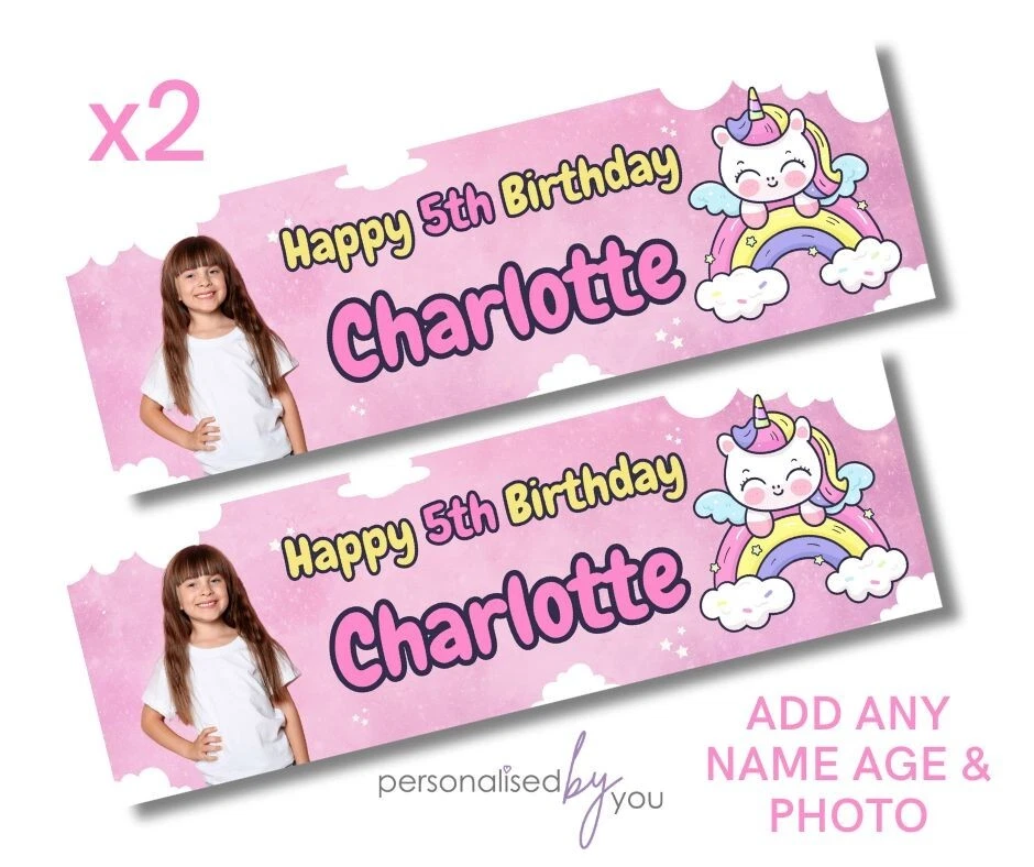 2x FOTO PERSONALIZADA TEMA UNICORNIO Rosa Banner de Cumpleaños GRANDE Fiesta Infantil Foto 1 de 1