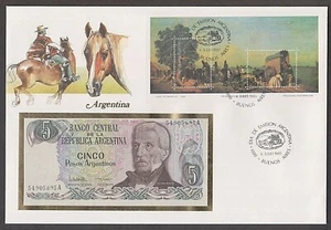 Argentina - "HORSES ~ HORSE CARRIAGES ~ COWBOYS" Bank Note Cover 1985 - Picture 1 of 2