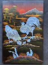 Mother Of Pearl Inlaid Wall Hanging Panel W Chooks Rooster Chicks 30cm By 20cm