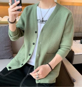 New spring Men casual slim solid color Cardigan Sweaters single-breasted tops - Picture 1 of 15