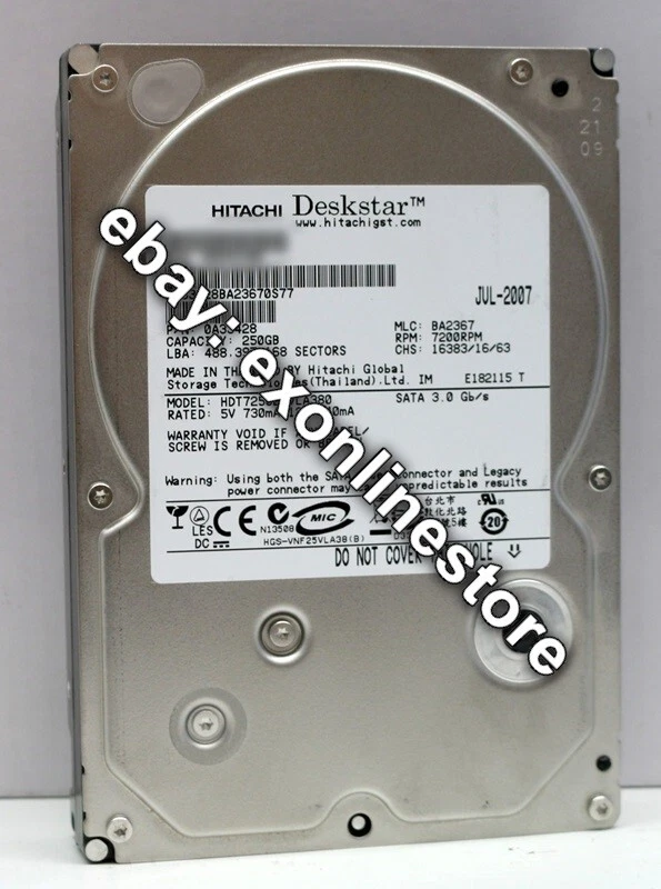 HDT725025VLA380 - Hitachi DeskStar 250GB Serial ATA 7.2KRPM 8mb Cache 3.5" HDD - Image 1 of 1