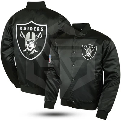 SILKZONE NFL Oakland Raiders Black Varsity Jacket Back Patch Vintage Style Bomber Jacket