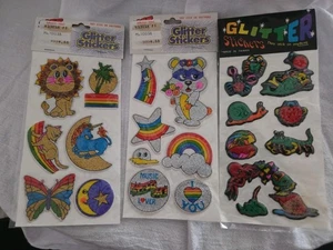 Vintage 80er Glitzer Puffy Aufkleber Einhorn Regenbogen Löwe Schmetterling Gordy versiegelt - Bild 1 von 6