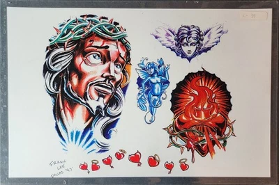 Vintage 1997 Frank Lee Traditional Style Tattoo Flash Sheet Shop Used Jesus - Bild 1 von 4