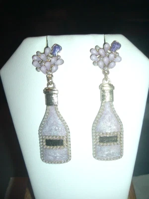 Multicolor Champagne Bottle Purple Bubbles +Cork Betsey Johnson Pierced Earrings - Image 1 of 4