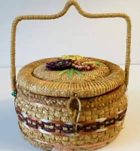 Vintage Woven Sewing Basket PinCushion Unique handle Hinge &latch Red interior - Picture 1 of 8