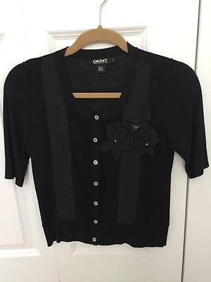 DNKY NEGRO Cárdigan Manga Corta Suéter Flor Negro Estrás Mujeres Talla P Foto 1 de 4