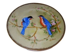 Hand Painted Eastern Bluebirds w Apple Blossoms Wall Cabinet Plate Artist Signed - Picture 1 of 6
