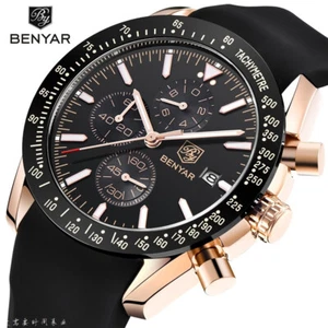 Benyar Reloj Cronógrafo Hombre Fecha Cuarzo Reloj Pulsera Correa Cuero 50m Impermeable - Imagen 1 de 11