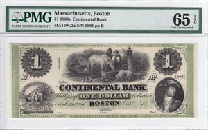 1860s $1 Continental Bank Boston MA Obsolete Note PMG CU 65 EPQ #9801 - Picture 1 of 2