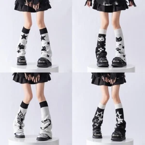 Two Sided Wear Long Tube Leg Covers with Cats Print Punk Knitted Leg Warmers - Picture 1 of 12