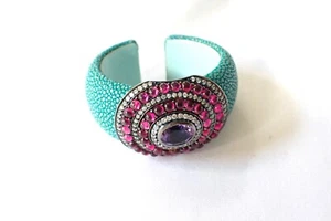 Genuine Stingray Leather Wide Cuff Bracelet W/ Sterling Silver Oval Gem Cluster - Picture 1 of 7