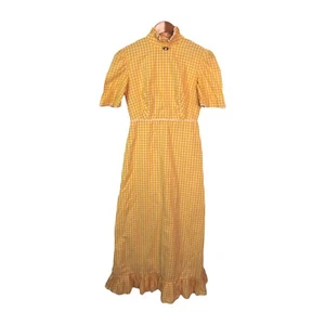Vintage Hand-Made Maxi 70 s Dress Size 8 Yellow Check Pattern Short Sleeves - Picture 1 of 9