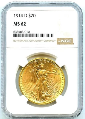 Blazer 1914-D $20 Saint Gaudens Gold Double Eagle, NGC MS62, ¡Llamante Brillante! Foto 1 de 2