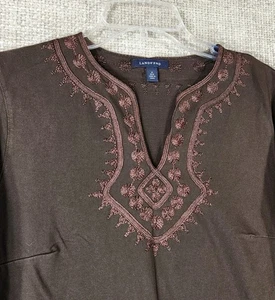 Top tunica Lands End BOHO maglia elasticizzata scollo a V ricamato marrone donna M 10-12 - Foto 1 di 10