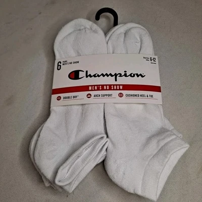 Champion Hombre No Show Calcetines Zapato Talla 6-12 Blanco Soporte Arco Acolchado Paquete de 6 Foto 1 de 4