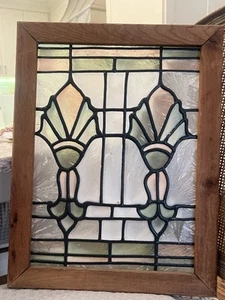 Stained Glass Window Panel Pink Green Deco Style Old Wood Frame Antique Vtg - Picture 1 of 24