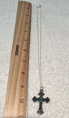 Silvertone Filigree Cross w/Faux Turquoise Stone w/Silverplate 18in Necklace NEW - Image 1 of 3