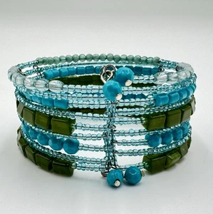 Wide Beaded Cuff Bracelet Boho Wire Wrap Ocean Blue Green Multi Layer Flex 7.5" - Picture 1 of 9