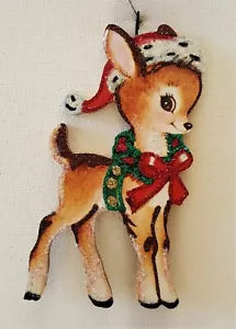 REINDEER w/ SANTA HAT, WREATH & BOW * Glitter CHRISTMAS ORNAMENT * Vtg Img - Picture 1 of 1