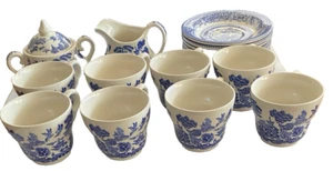 Old Willow English Ironstone 8 Saucers & Tea Cups with Sugar Bowl & Creamer - Picture 1 of 8