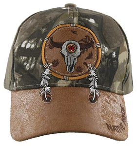 NUOVO! CAPPELLO BERRETTO BASEBALL ECOPELLE PIUME TESCHIO BUFALO NATIVE PRIDE MIMETICO - Foto 1 di 4