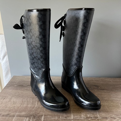 Stivali da pioggia Coach Tristee donna 9 B stringati corsetto firma stampa logo nero