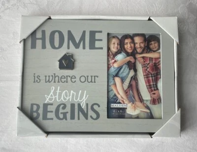 Home Is Where Our Story Begins Picture Frame 4x6 Gray Wood Metal House Medallion - Image 1 of 4
