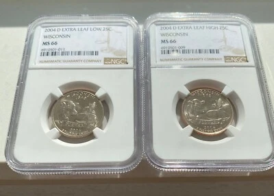 2004-D WISCONSIN EXTRA HIGH & LOW LEAF STATEHOOD 25c MATCHED ERROR SET NGC MS66 - Image 1 of 2