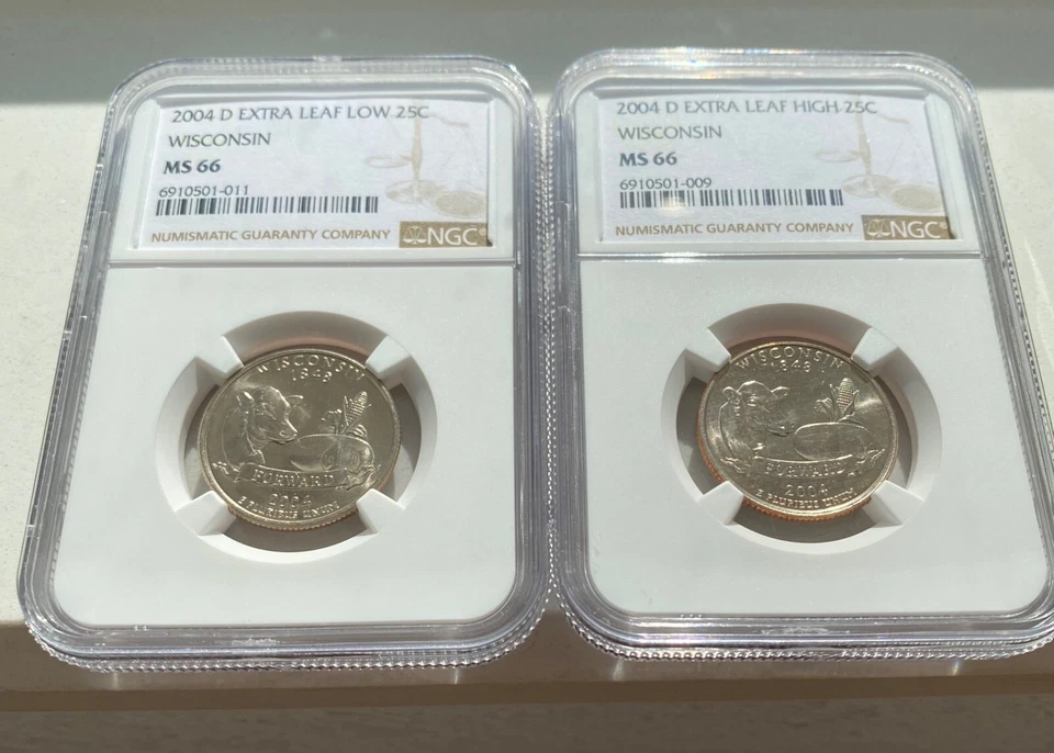 2004-D WISCONSIN EXTRA HIGH & LOW LEAF STATEHOOD 25c MATCHED ERROR SET NGC MS66 - Image 1 of 2