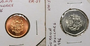 1996 GUYANA LOT OF TWO COINS $5 + $10 DOLLARS (BRILLIANT UNC!) - Picture 1 of 2