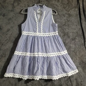 Entro blau gestreiftes Kleid Medium V-Ausschnitt ärmellos Silhouette Ric Rac Trim - Bild 1 von 11